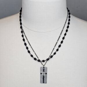 Cross Necklace Unisex Double Layer Metal Tag Black Silvertone 20 in long AERO